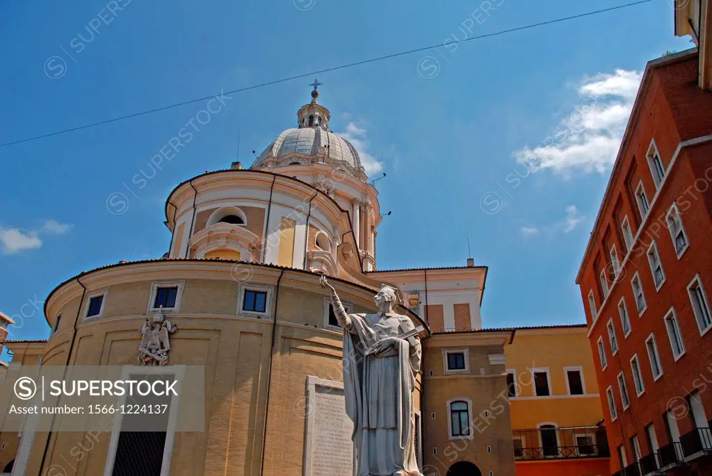 Rear façade of the Basilica dei Santi Ambrogio e Carlo al Corso also Known as San Carlo al Corso  Onn the foreground we can see a statue of San Carlo ...