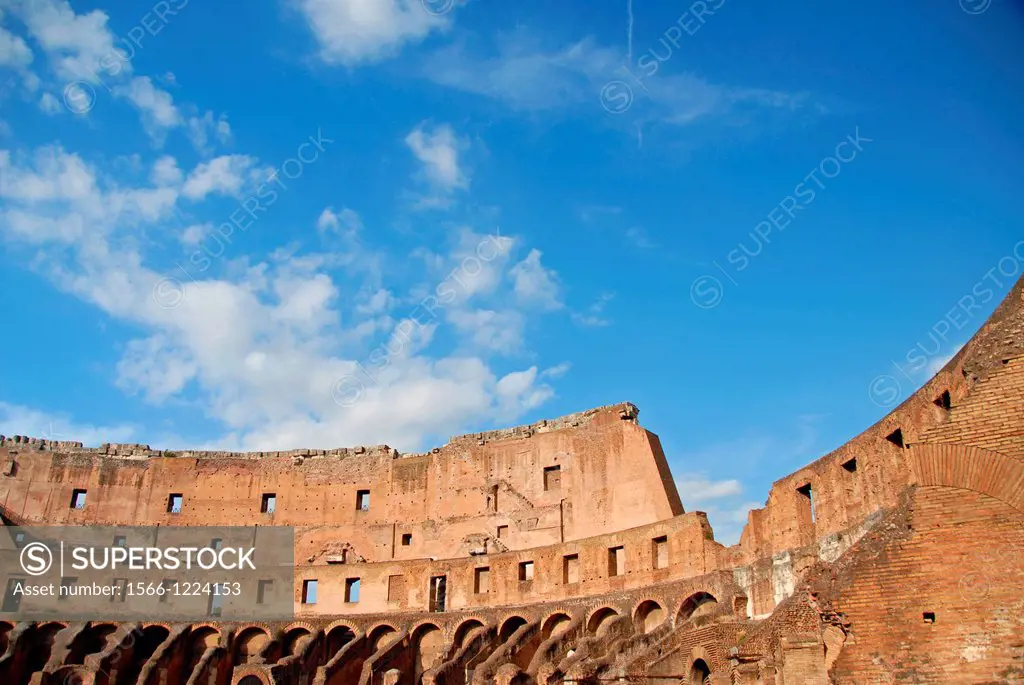 Inside The Colosseum, originally the Flavian Amphitheatre 70-80 AD built by Emperor Titus Vespasian  Rome, Lazio, Italy, Europe 
