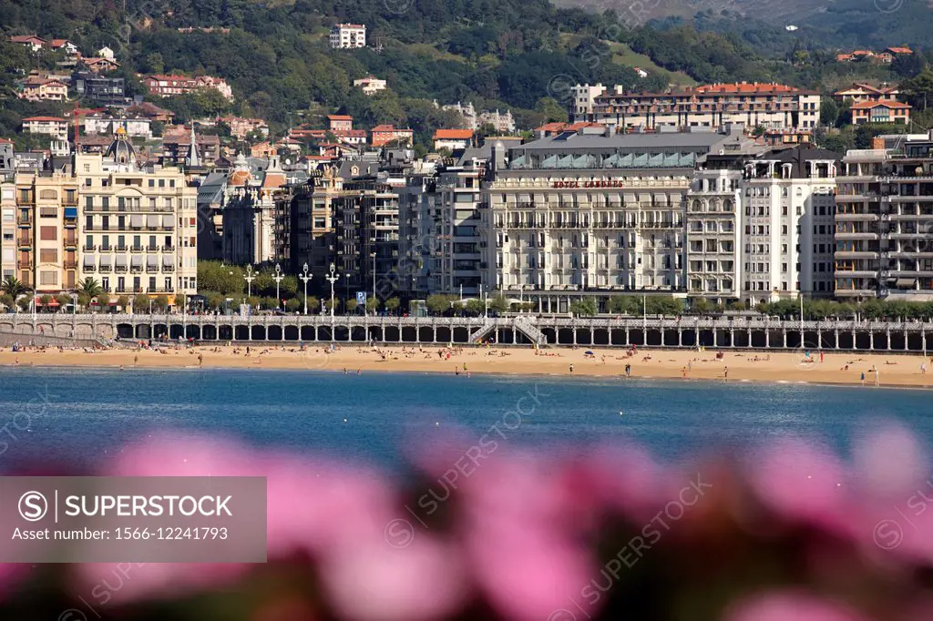 View of La Concha Beach from Palacio de Miramar, Donostia (San Sebastian), Gipuzkoa, Basque Country, Spain.