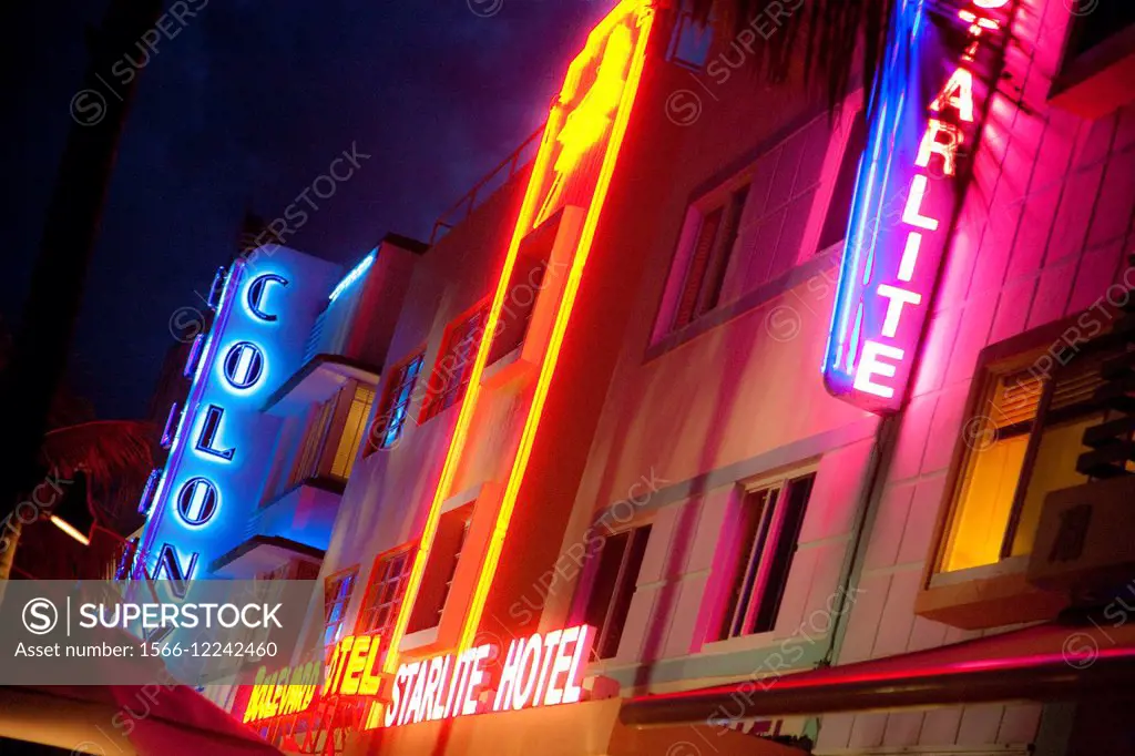 Neon Lights, South Miami Beach at Night, Miami, Florida, USA.