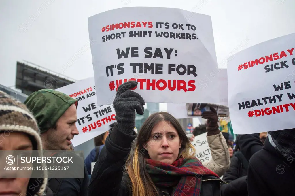 Retail workers from the Just Hours campaign and supporters protest the just-in-timing of the workforce at the National Retail Federation Conference at...