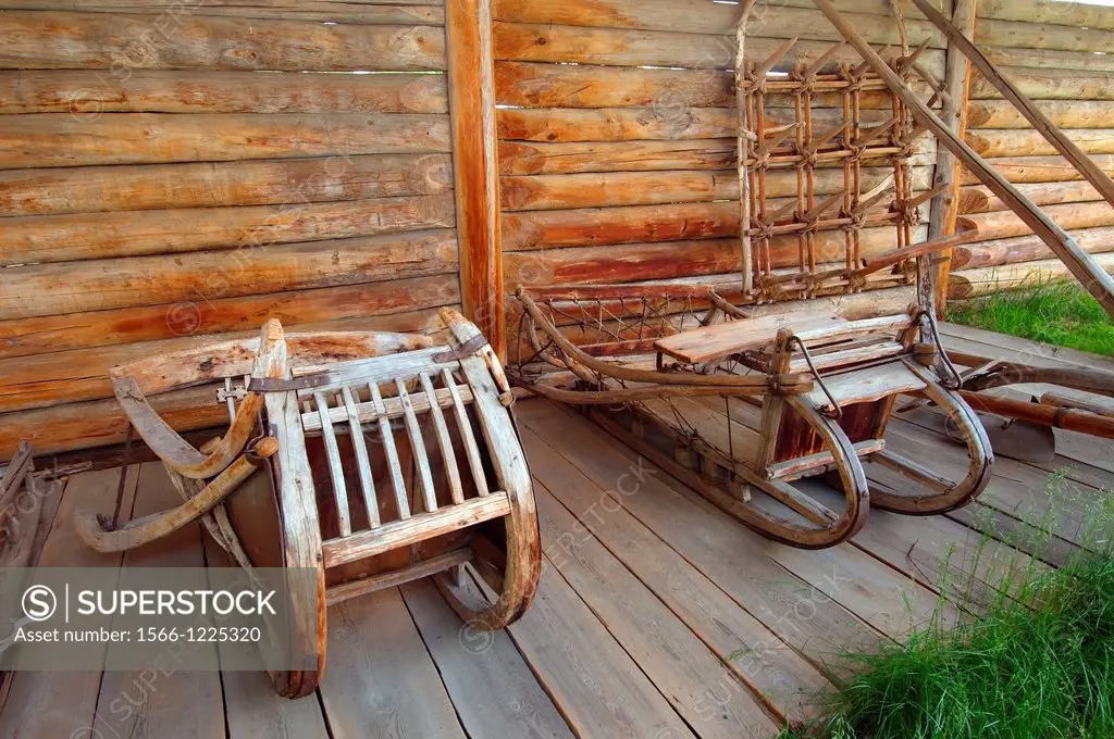 Wooden sledge  Settlement Talzy, Irkutsk region, Baikal, Siberia, Russian Federation