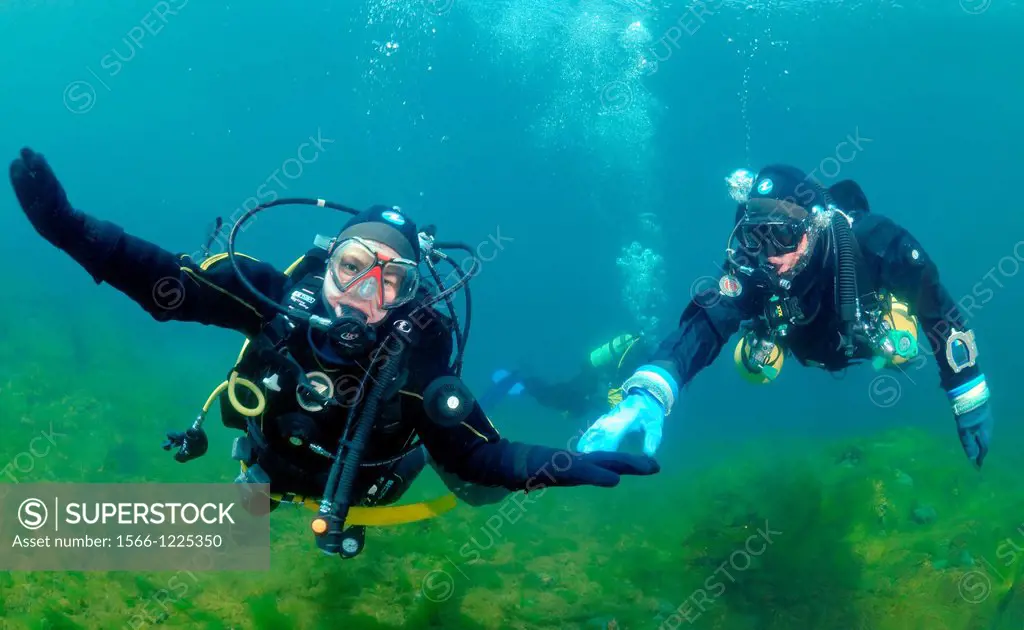 Diving the instructor trains beginning scuba diver to hold neutral buoyancy, Lake Baikal, Siberia, Russian Federation