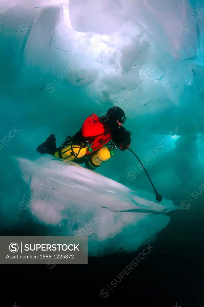 Technical diving under ice, in lake Baikal, Siberia, Russia, island Olkhon