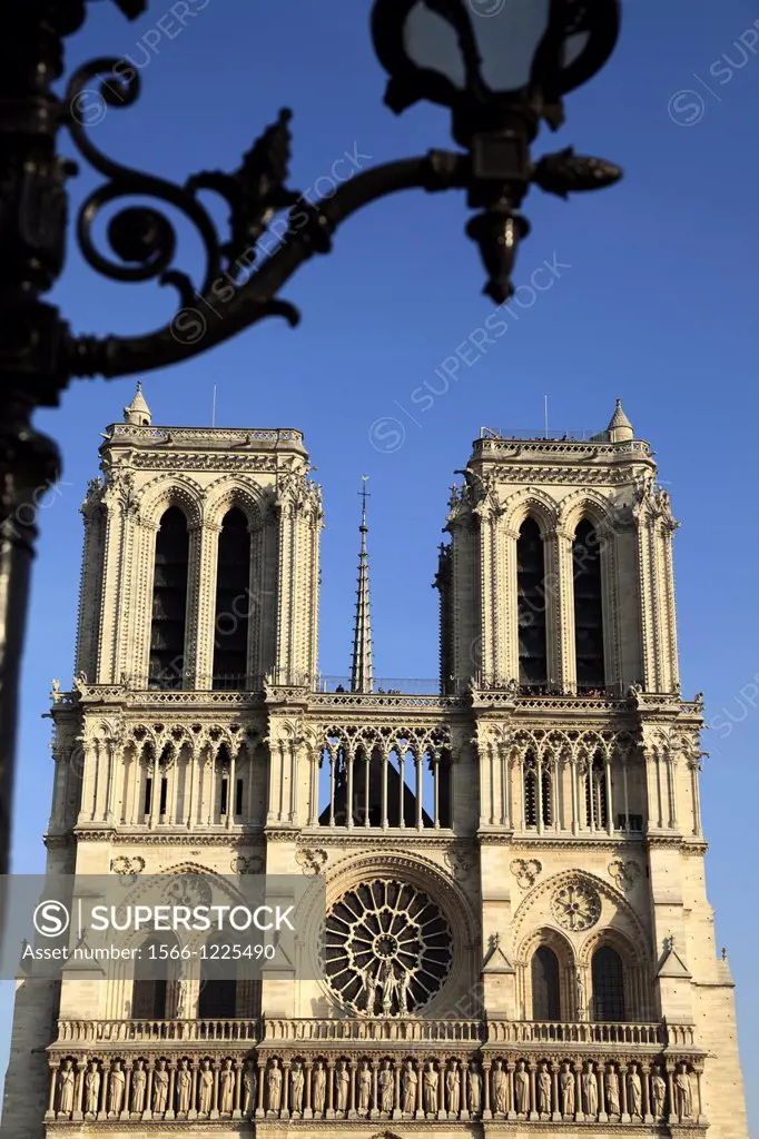 A lamp post with the west facade of Notre Dame Cathedral  Paris  France.