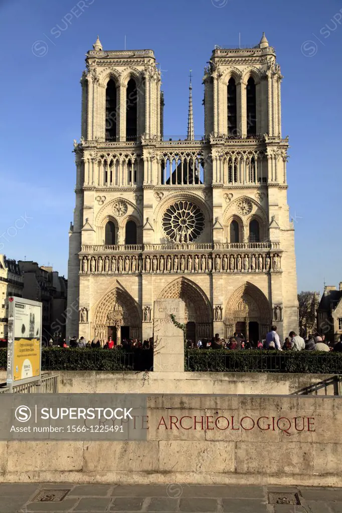 The archaeological crypt of Notre Dame with the bell towers of Notre Dame Cathedral in the background  Paris  France.