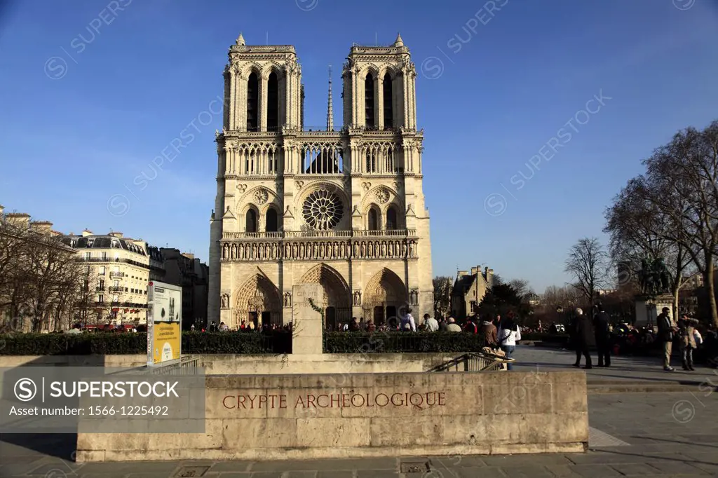 The archaeological crypt of Notre Dame with the bell towers of Notre Dame Cathedral in the background  Paris  France.