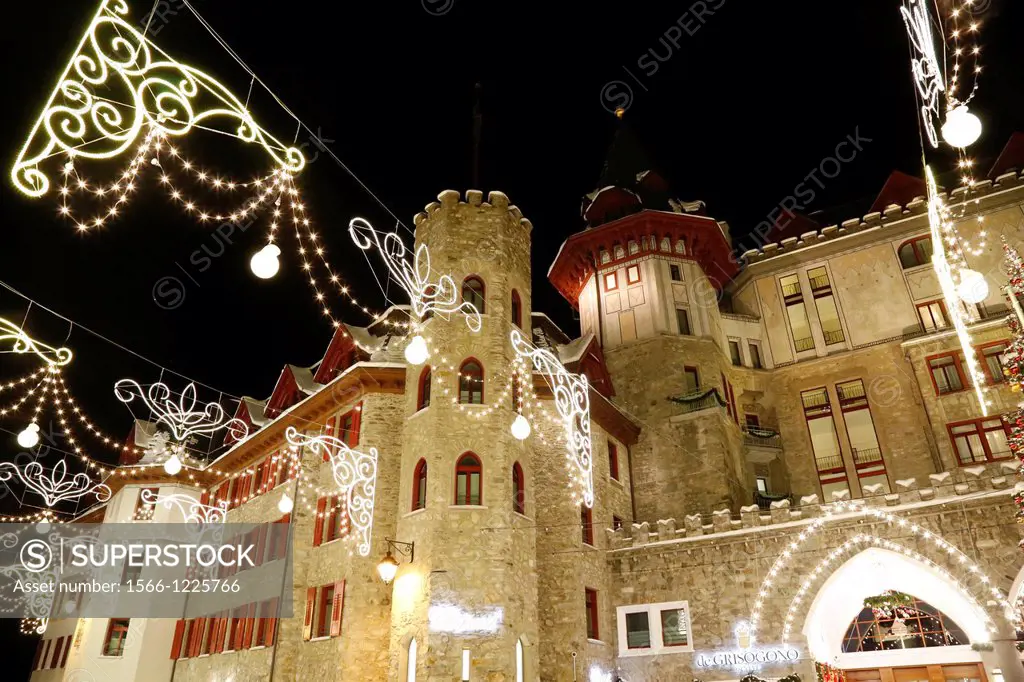 Switzerland, The Graubunden canton, Saint-Moritz, Historic and luxury hotel Badrutt Palace at night