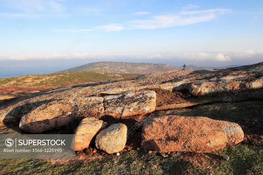 A view from the top of Cadillac Mountain Acadia National Park showing Frenchman Bay and rocks on the mountain at Mount Desert Island in Maine USA