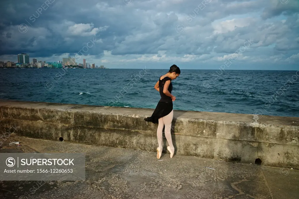 Ballerinas from the National Ballet of Cuba directed by world reknown Alicia Alonso dance on the Malecon.