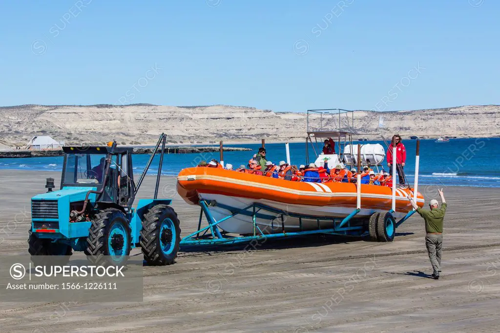 Tractor launching a commercial whale watching boat in Puerto Pyramides, Golfo Nuevo, Peninsula Valdes, Argentina, South Atlantic Ocean
