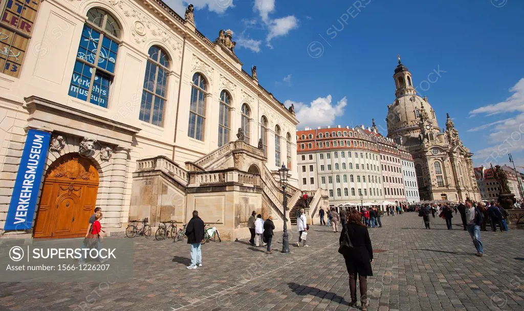 Transport Museum, on background Frauenkirche church and the Neumarkt, New Market, Dresden, Saxony, Germany, Europe.