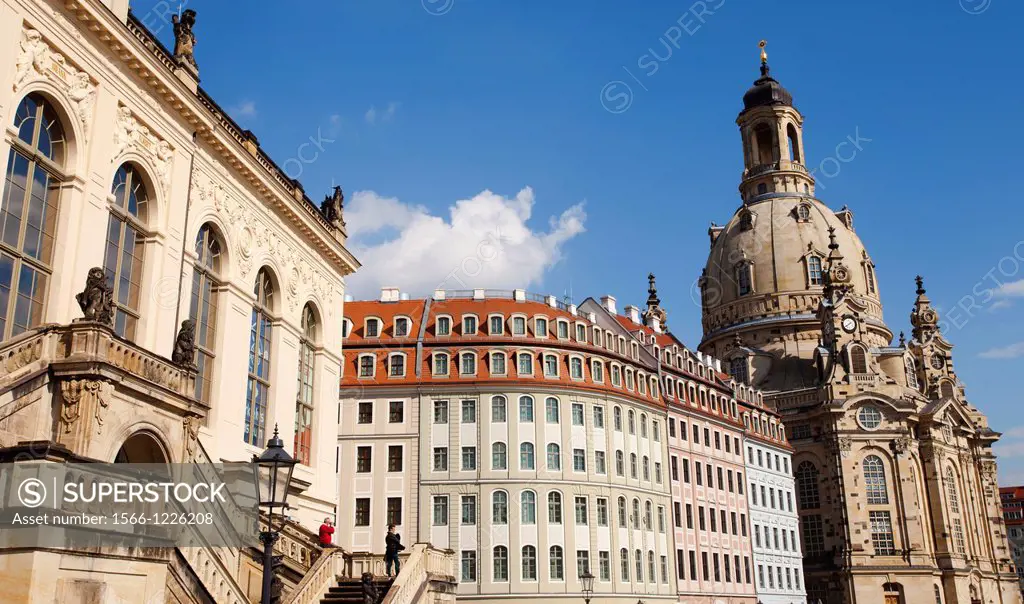 Transport Museum on background Frauenkirche church and the Neumarkt, New Market, Dresden, Saxony, Germany, Europe.