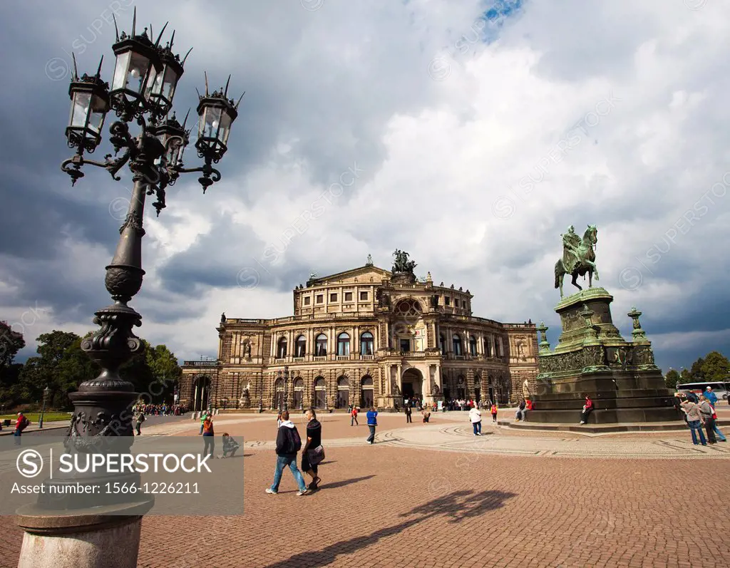 Semper Opera, Opera House, King John Johann monument, Theaterplatz, Dresden, Saxony, Germany, Europe.