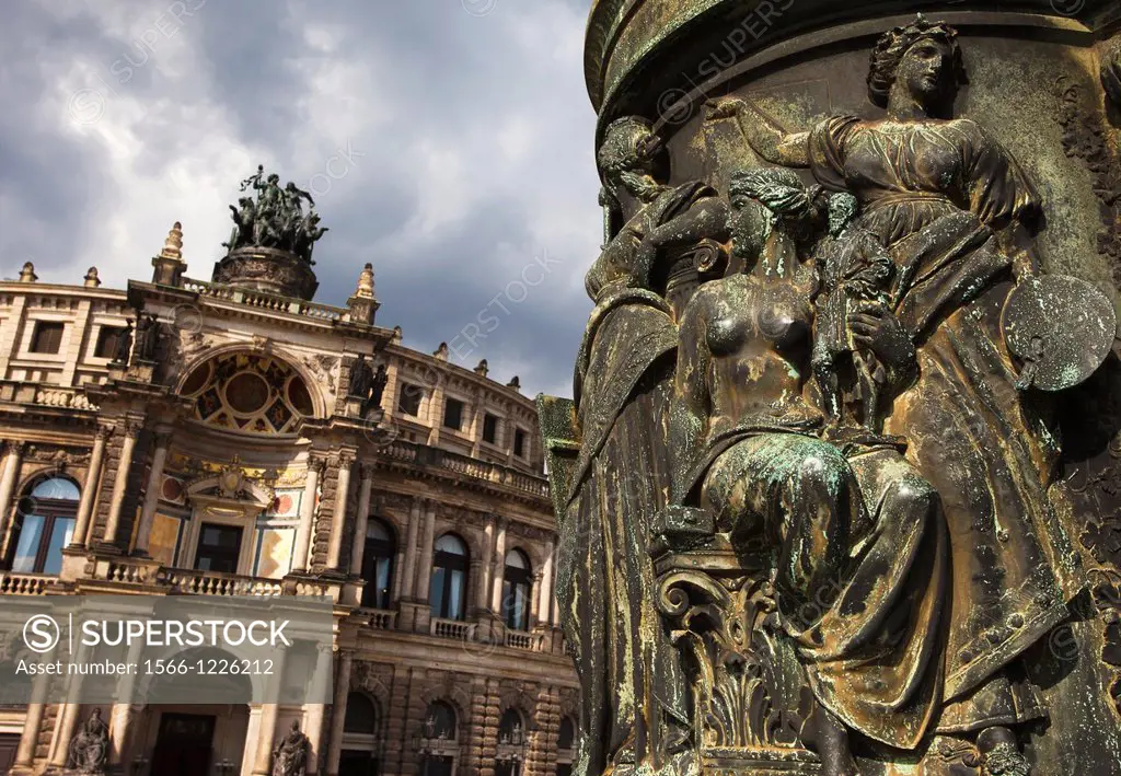Semper Opera, Opera House, detalil of the King John Johann monument, Theaterplatz, Dresden, Saxony, Germany, Europe.
