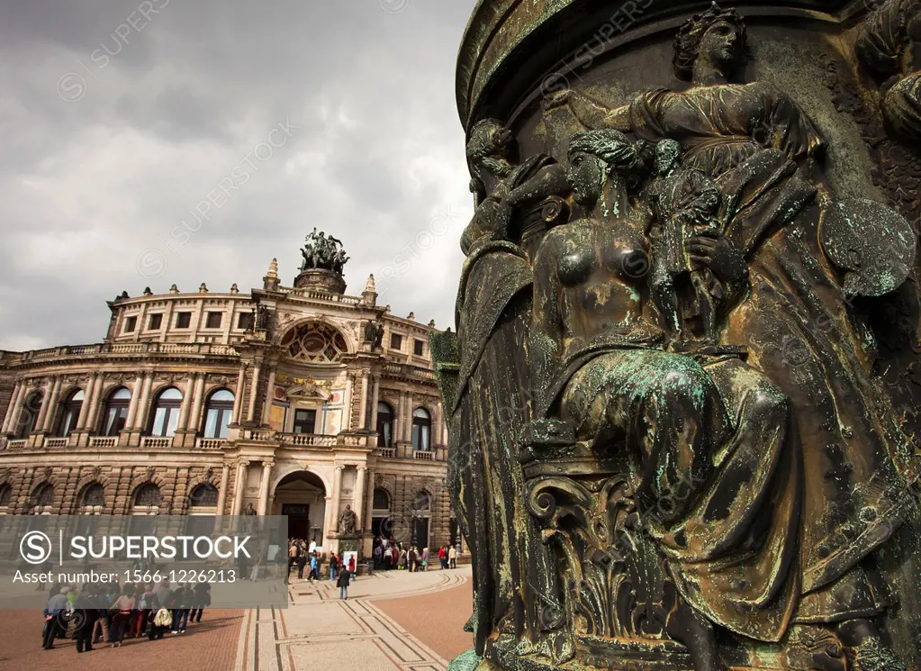 Semper Opera, Opera House, detail of the King John Johann monument, Theaterplatz, Dresden, Saxony, Germany, Europe.