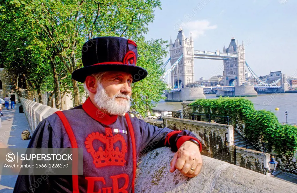 LOndon tower beefeater in front of the tower bridge  London  England