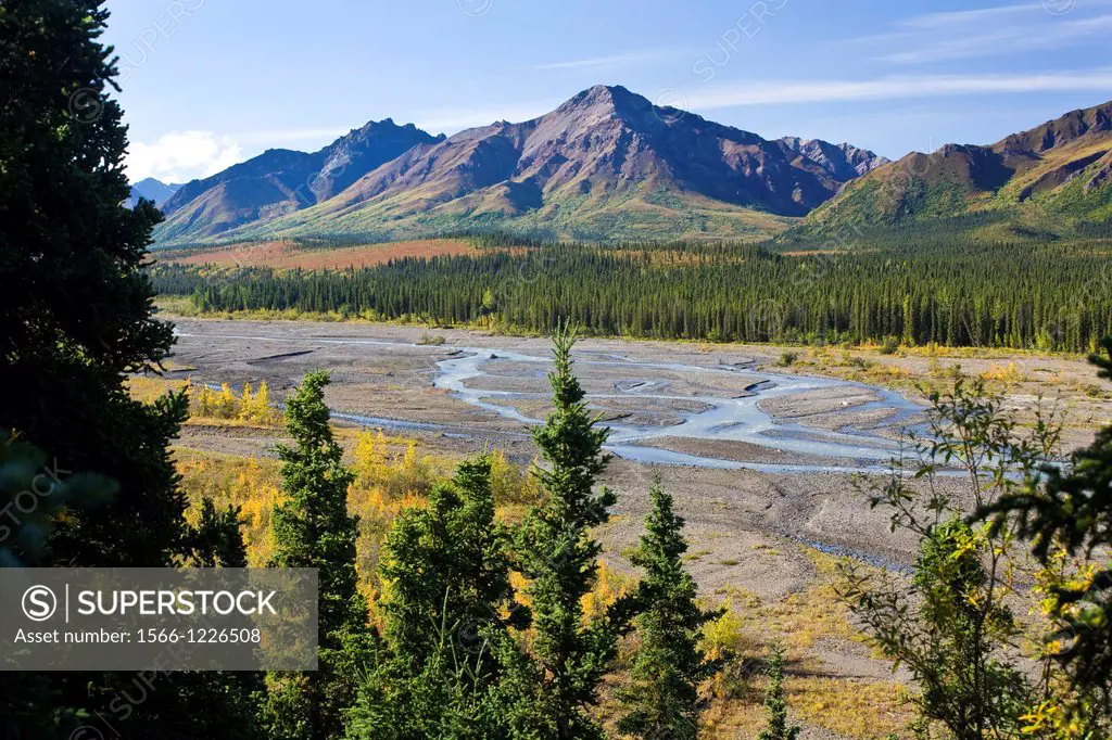 Teklanika River and mountains seen from the Teklanika River overlook beside Park Road, Denali National Park, Alaska, USA, late August