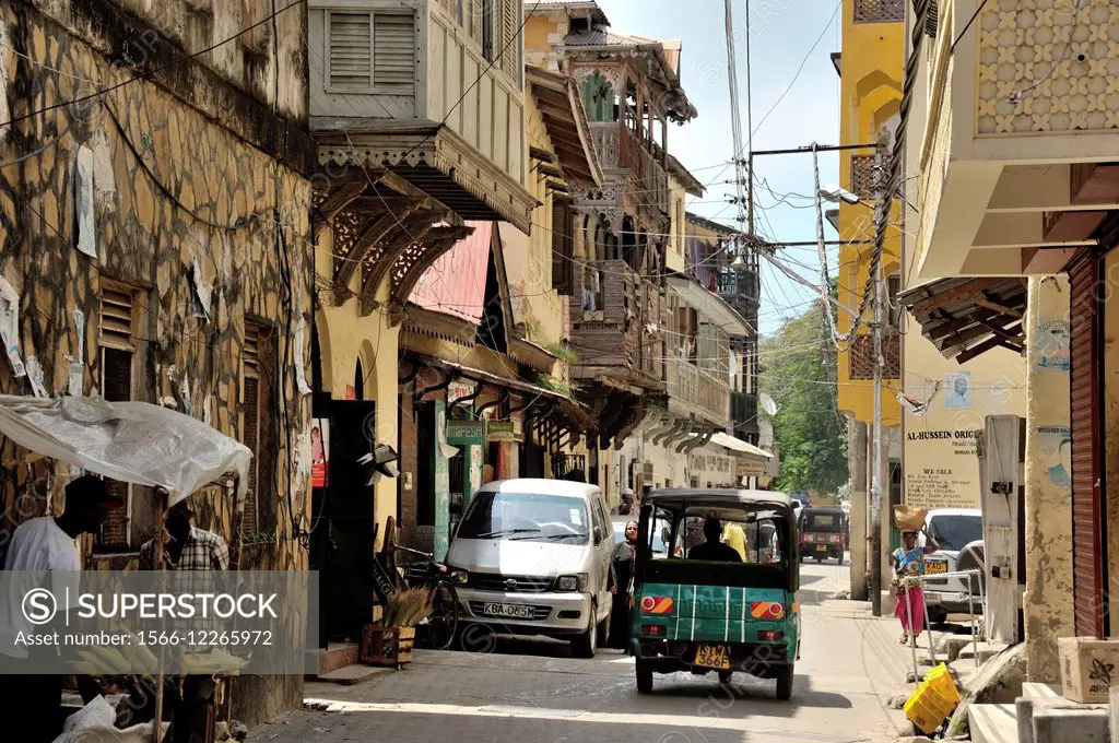 Old town of Mombasa with wooden carved balconies, Mombasa, Kenya.