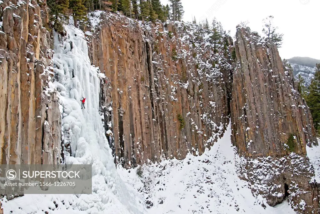 Ice climbing Palisade Falls which is rated WI-4 and located in Hyalite Canyon in the Gallatin Mountains near the city of Bozeman in southern Montana