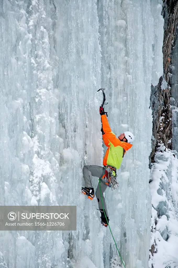 Ice climbing Genesis which is rated WI-4 and located in Hyalite Canyon in the Gallatin Mountains near the city of Bozeman in southern Montana