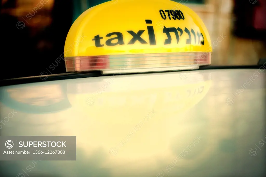 Closeup of the lable of a taxi in Tel Aviv, Israel, Middle East