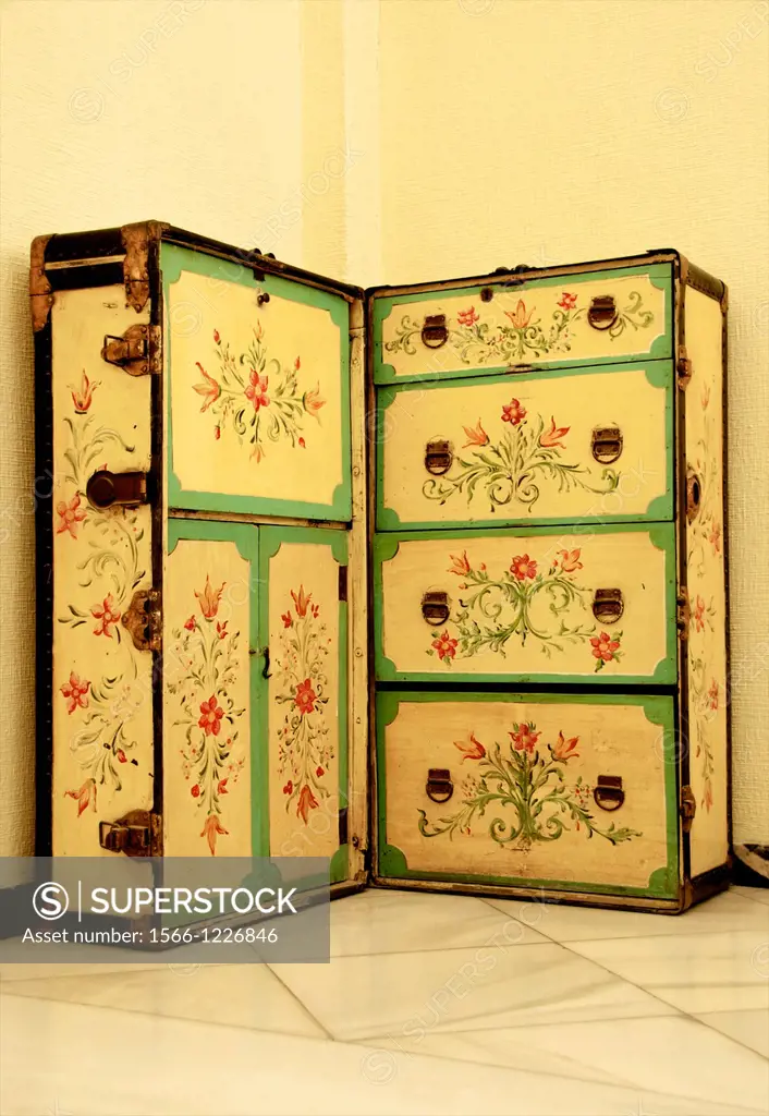Ancien decorated travel trunk, Dona Maria hotel, Seville, Andalusia, Spain