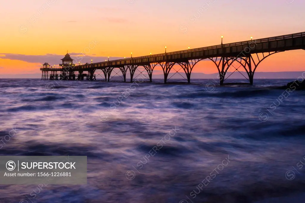 Clevedon Pier in the Bristol Channel at dusk, Somerset England