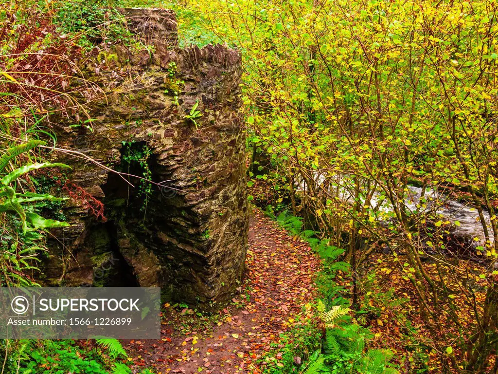 An abandoned lime kiln by the East Lyn River in Barton Wood near Watersmeet in the Exmoor National Park  Lynmouth, Devon, England