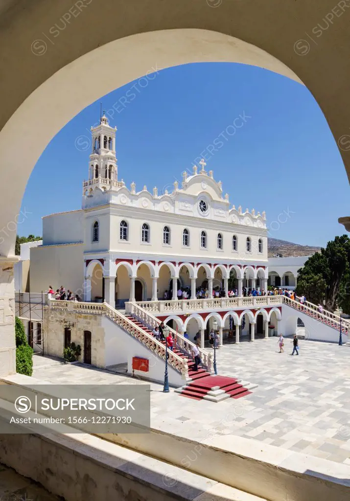 Framed view of the Church of Panagia Evangelistria, Tinos Town, Tinos Island, Cyclades, Greece.