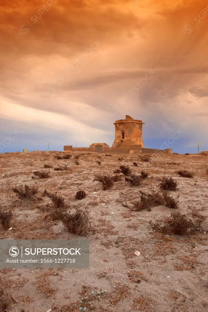 Cabo de Gata, San Miguel de Cabo de Gata, Old military Watchtower, Beach, Cabo de Gata-Nijar Natural Park, Biosphere Reserve, Almeria, Spain, Europe