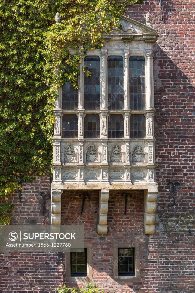 Detail of a window of the moated castle of Raesfeld, North Rhine-Westphalia, Germany, Europe