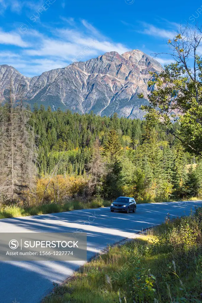 Single car driving through the Jasper National Park with Pyramid Mountain in the background, Alberta, Canada