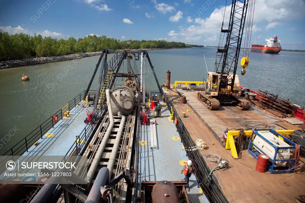 Pointe a la Hache, Louisiana - A dredge on the Mississippi River used in the Lake Hermitage Marsh Creation project  The project aims to restore a coas...