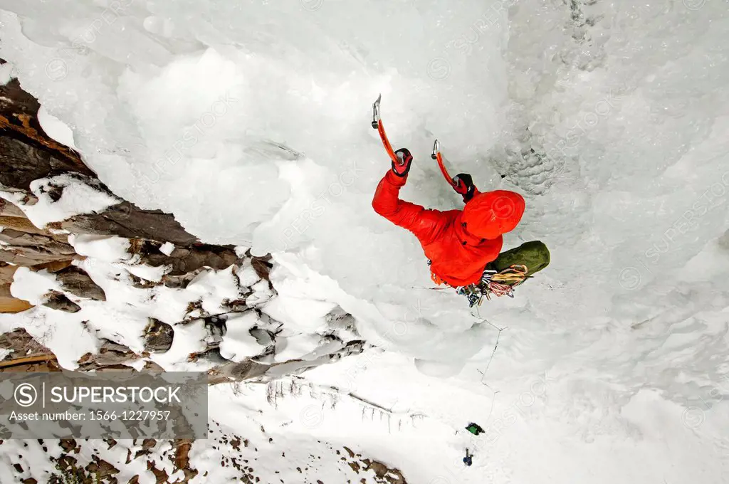 McLean Worsham ice climbing Palisade Falls which is rated WI-4 and located in Hyalite Canyon in the Gallatin Mountains near the city of Bozeman in sou...