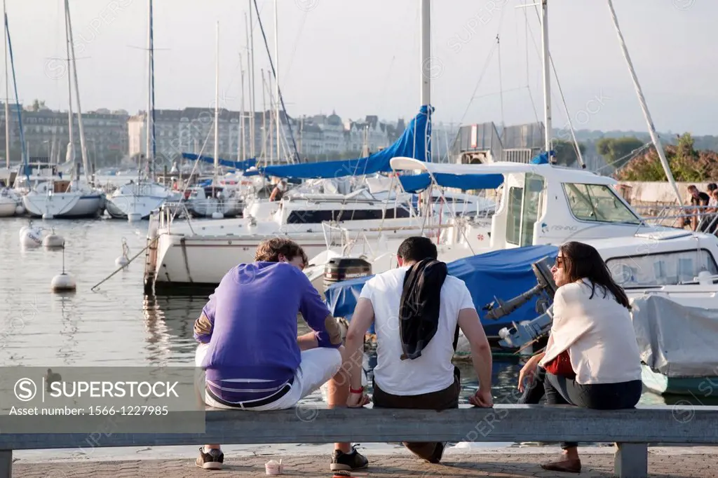 People Relaxing by the Lake, Geneva, Switzerland, Europe