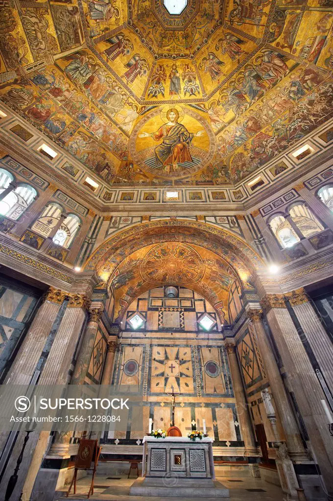 The interior of the Bapistry of Florence Duomo  Battistero di San Giovanni  with the altar and medieval ceiling mosaics of Christ and the last judgeme...
