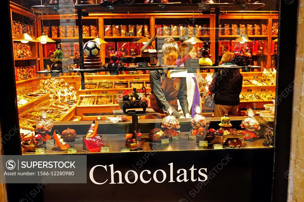 chocolates in a shop window, Bordeaux, Gironde Department, Aquitaine, France.