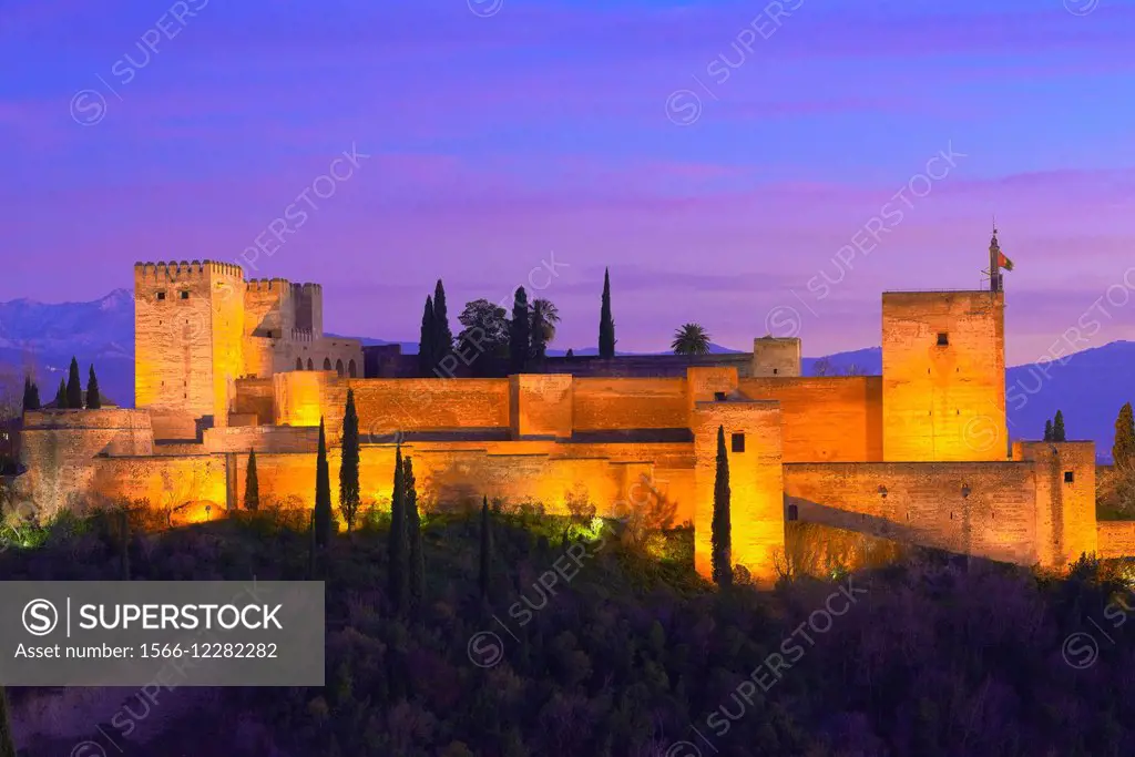 Alhambra, Alcazaba at Dusk, UNESCO World Heritage Site, Granada, Andalusia, Spain.