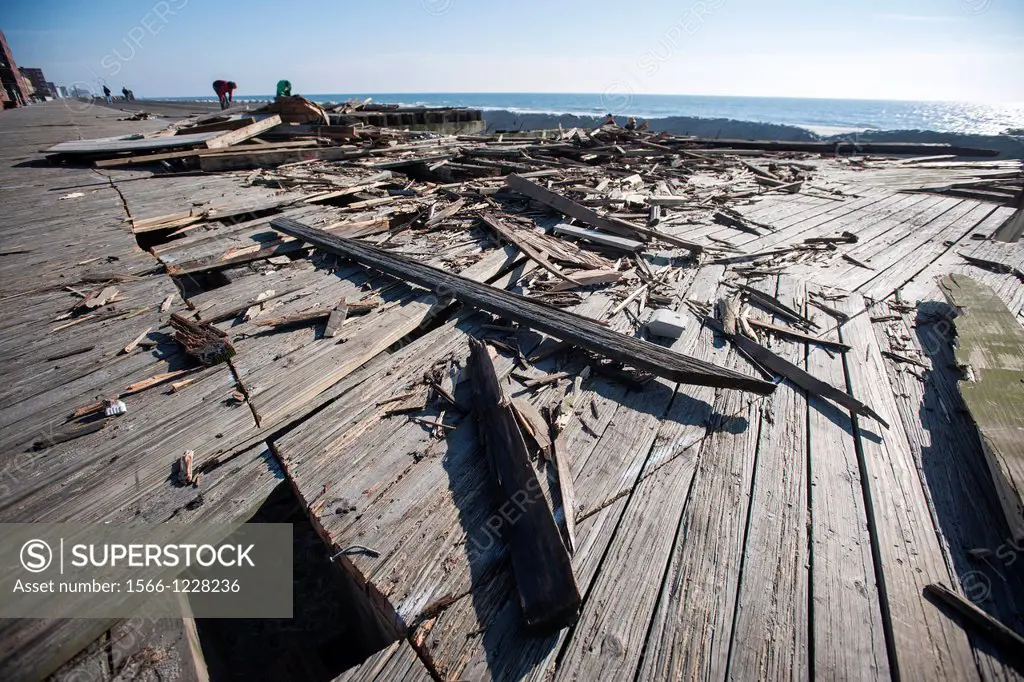 The severely damaged boardwalk in Long Beach, Long Island, New York The 2 2 mile boardwalk built in 1914 was damaged during Hurricane Sandy and will b...