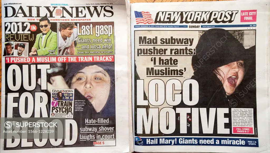 Front pages on Sunday, December 30, 2012 of the New York Daily News and the New York Post report on the arrest of Erika Menendez, 31, for allegedly pu...