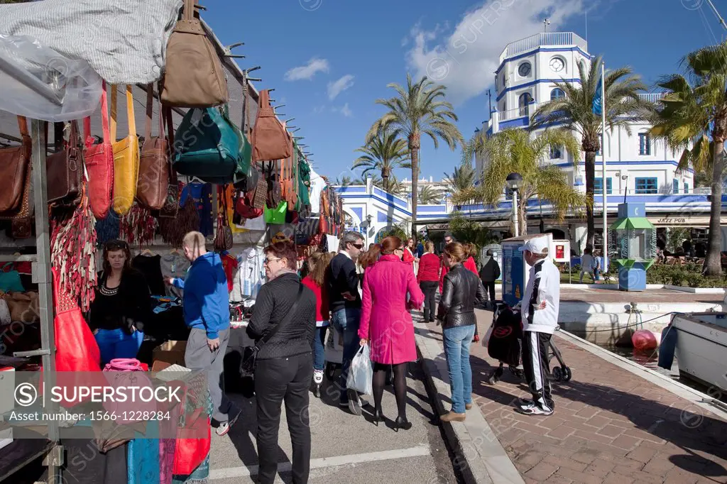 Every Sunday Estepona port hosts the street market  Estepona, Malaga, Andalucia, Spain