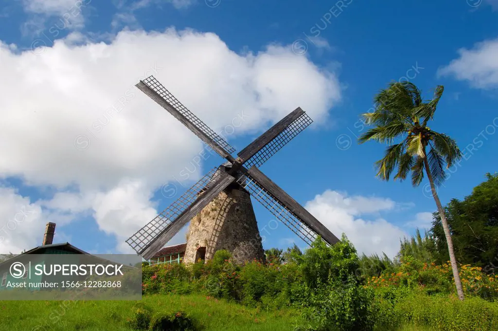 The windmill at the Morgan Lewis Sugar Mill in the interior of Barbados, an island in the Caribbean.