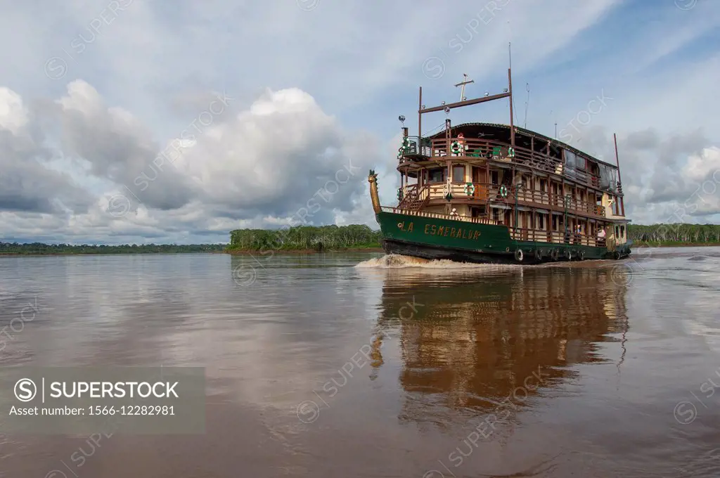 Cruise ship La Esmeralda on the Maranon River in the Peruvian Amazon River basin near Iquitos.