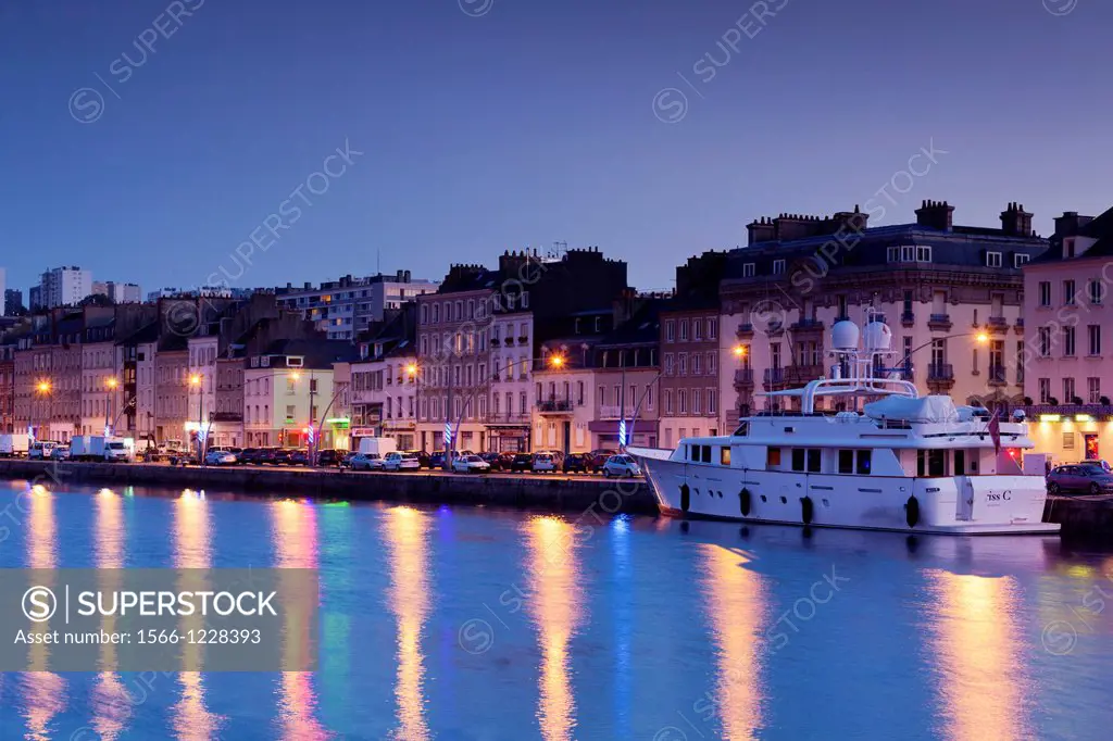 France, Normandy Region, Manche Department, Cherbourg-Octeville, yacht in the Bassin du Commerce basin, dusk