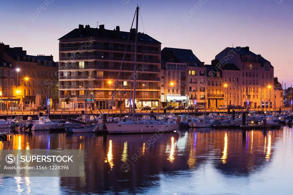 France, Normandy Region, Manche Department, Cherbourg-Octeville, buildings of the Avant Port, dusk