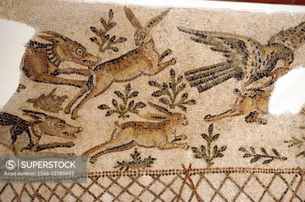 Hunting scene on Roman mosaic in The Bardo museum in Tunis, capital of Tunisia.