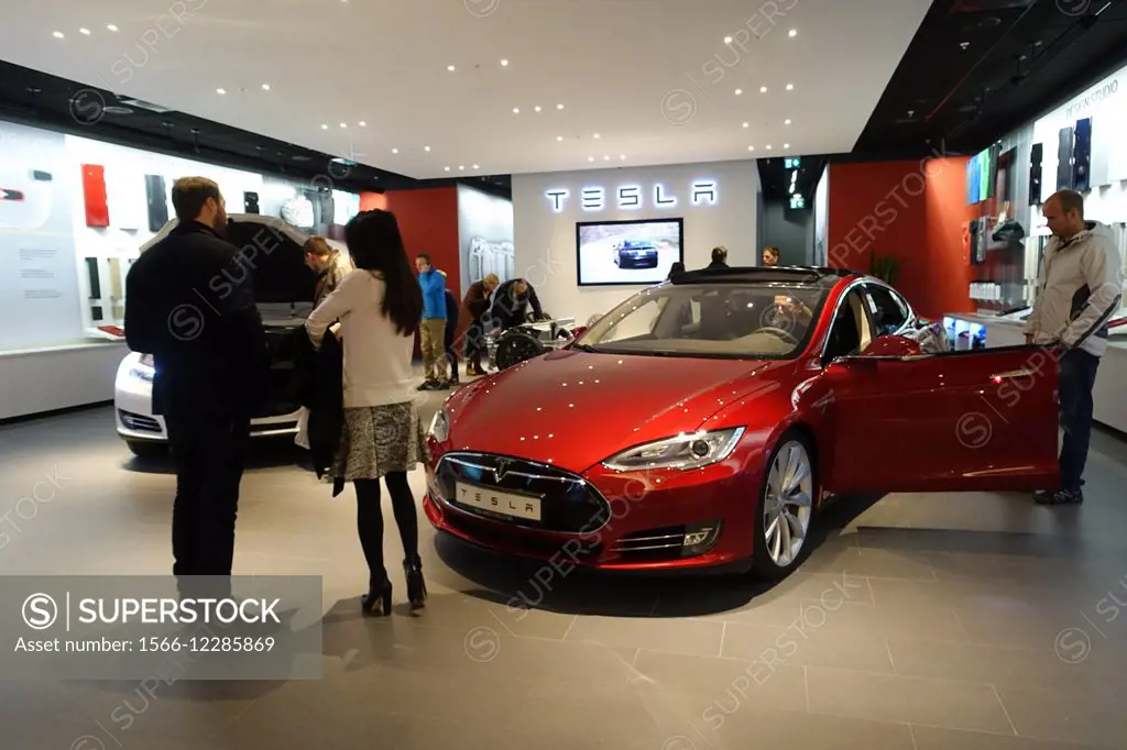 Electro car, Tesla showroom, Täby Centrum mall, Stockholm, Sweden