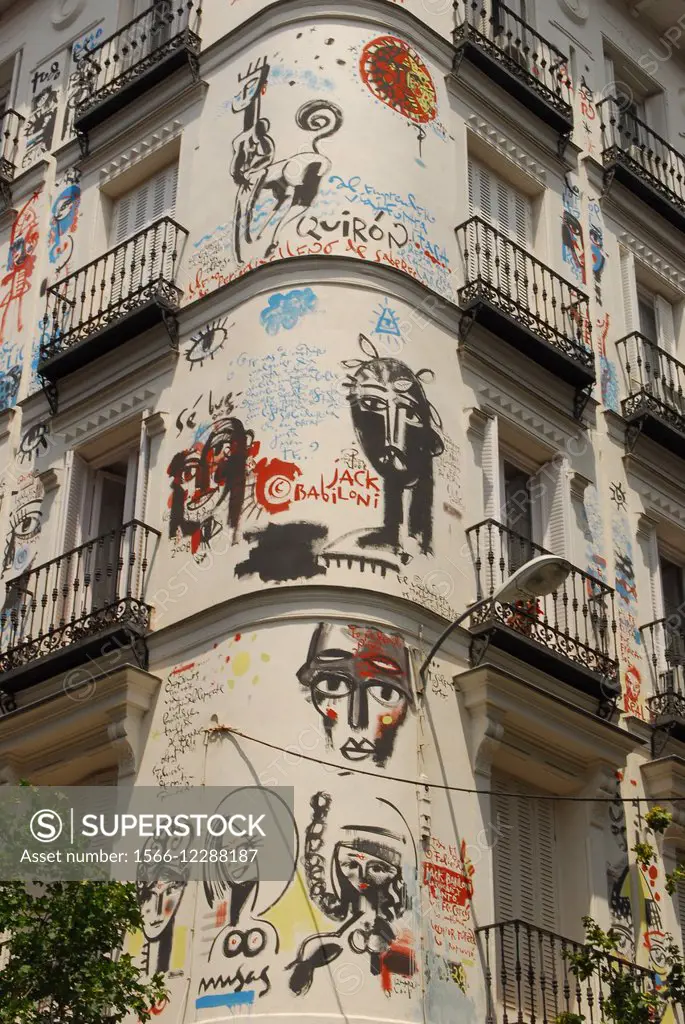 Facade with graffiti, Madrid, Spain.