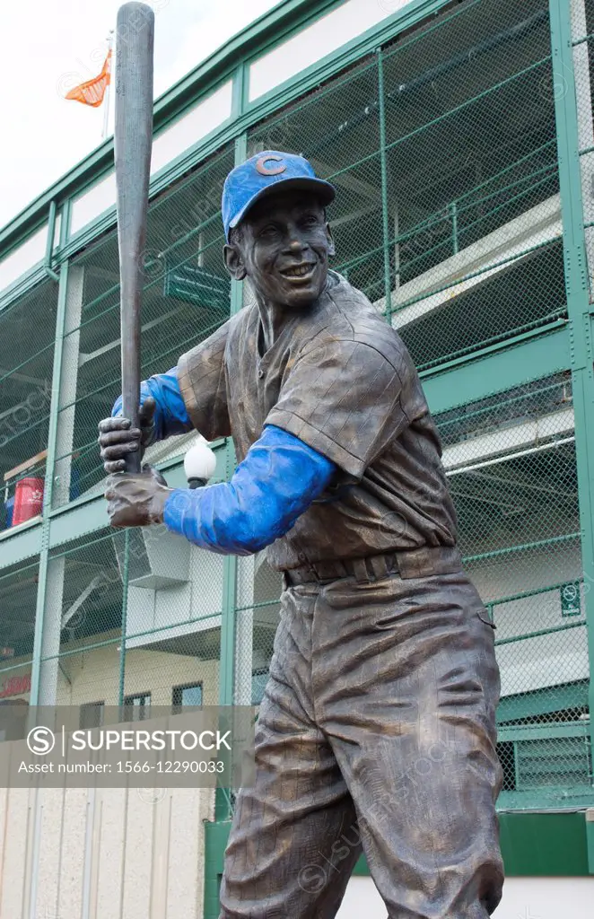 Chicago Illinois famous Wrigley Field statue of Ernie Banks Mr Cub announcer for Major League Baseball team of Chicago Cubs Hall of Famer.